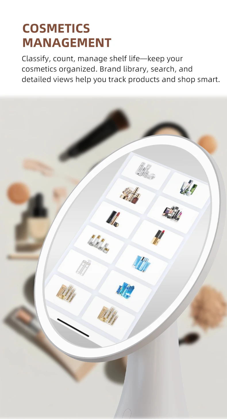 Specchio di bellezza AI 5X - Specchio per trucco LED intelligente con altoparlante Bluetooth e rilevamento della pelle AR, con controllo vocale