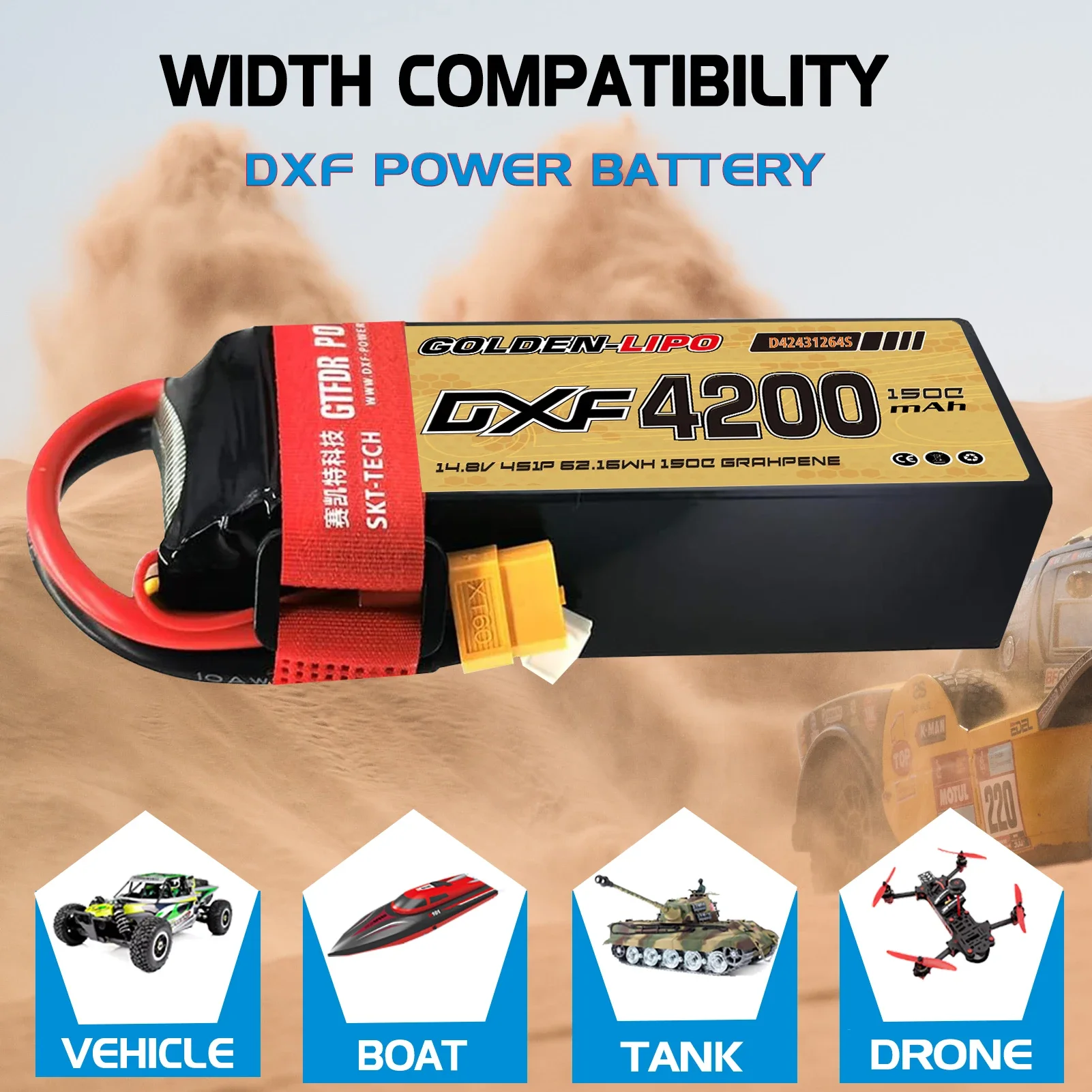 Akumulator DXF 4S Lipo 4200mAh 14.8V 150C z wtyczką XT60, obudowa z twardego tworzywa, do samochodów RC, buggy, truggy, pojazdów terenowych, łodzi, ciężarówek, samolotów, dronów, wyścigów.