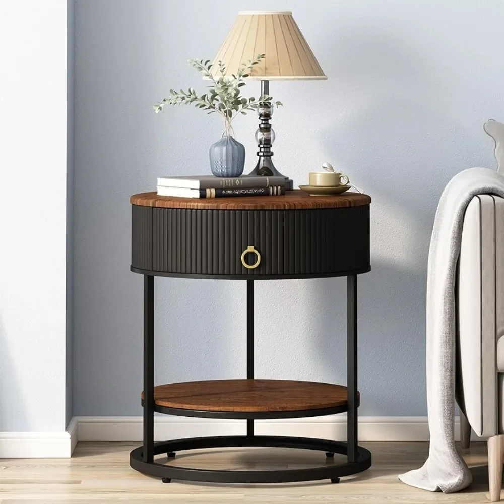 

Round End Table with Drawer, Modern Wood Grain Side Table with Shelf, 2-Tier Nightstand with Drawer for Living Room, Bedroom