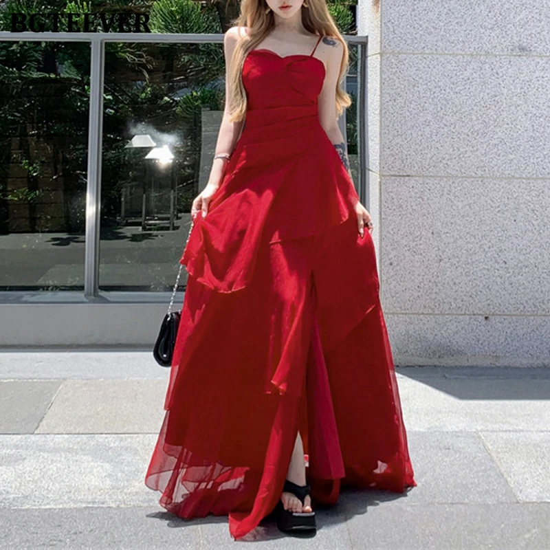 BGTEEVER Summer Elegant Ladies Spaghetti Strap Ruffles A-line Dress Vintage Women Slim Waist Sleeveless Party Dress