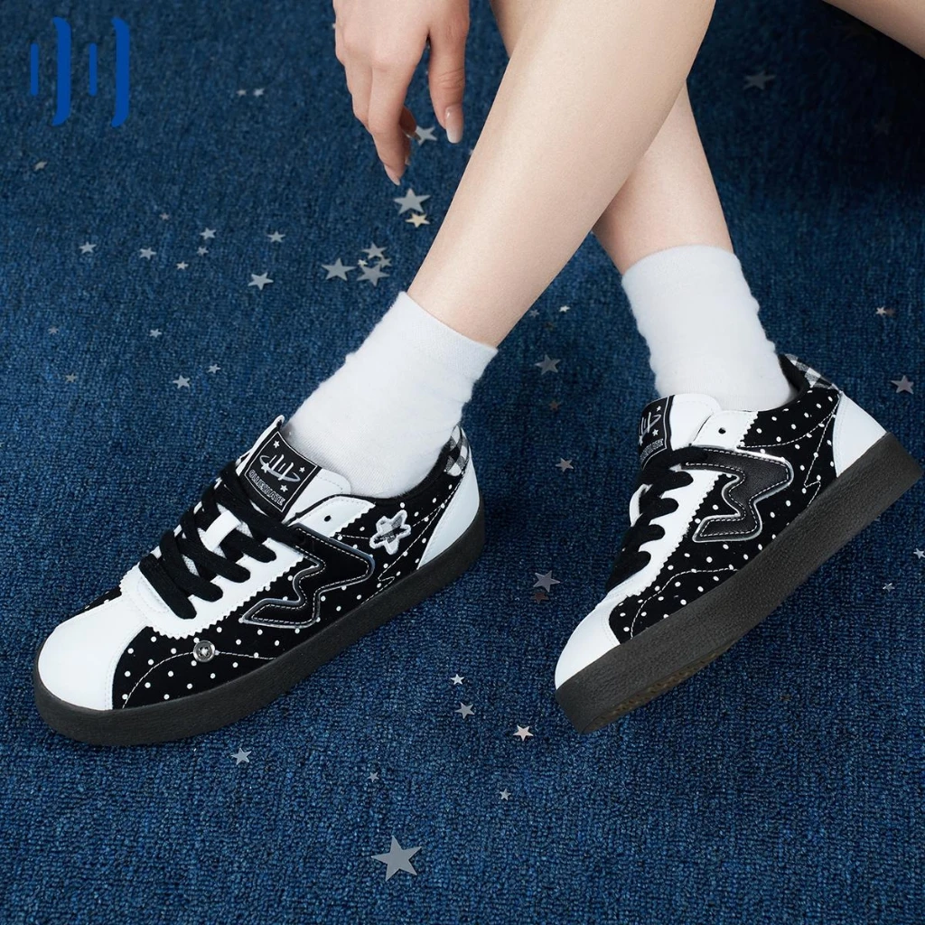 Ollieskate Black & White Polka Dot Star Trainer Shoes with Raw Rubber Sole - Unisex Student Sneakers