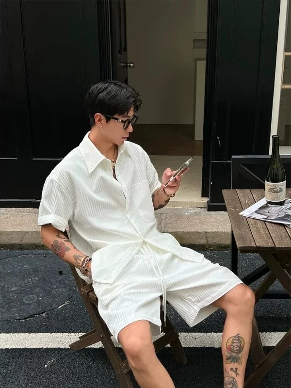 American Folded Texture Ice Silk Casual Shorts Men Summer Thin Loose Shirt Straight Leg Five Shorts Elastic Waist Daily Wear