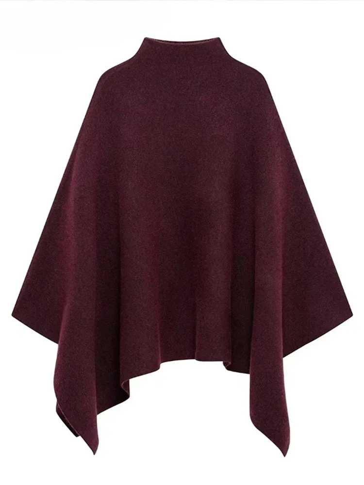 Red Loose cape Shawl Sweater Women's Burgundy turtleneck sweater Knitted pullover Women's 2025 Spring Fall Women's elegant coat