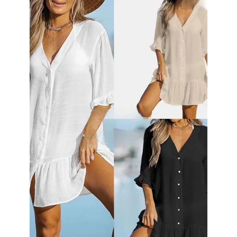 European and American 2023 Summer NewRuffled Solid Color Beach Dress Ins Protective Blouse Women