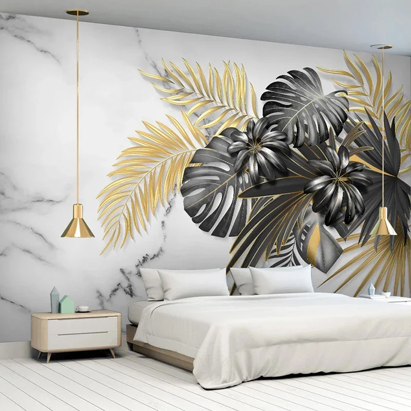 Custom 3D Wall Mural Modern Hand Painted Tropical Plant Black Golden Leaves Photo Wallpaper Living Room TV Sofa  Bedroom Fresco