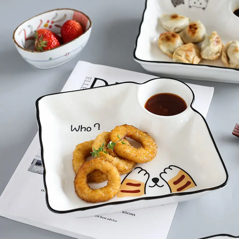 Cat Separated Breakfast Plate,Creative Ceramic Sushi,Dumpling Plates,Household Flavor Trays, Square Round Tableware Restaurant