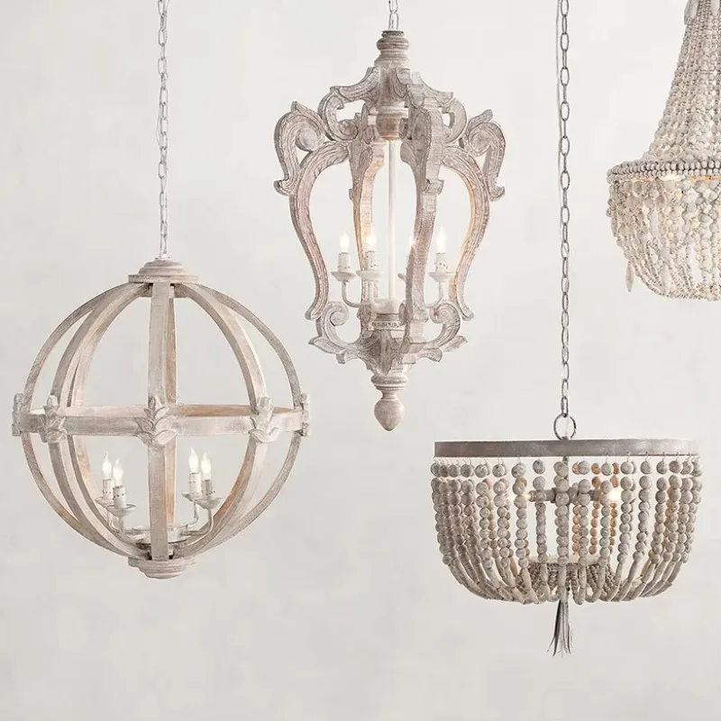 

American antique chandelier, solid wood carving personalized cage, nostalgic French bedroom dining room