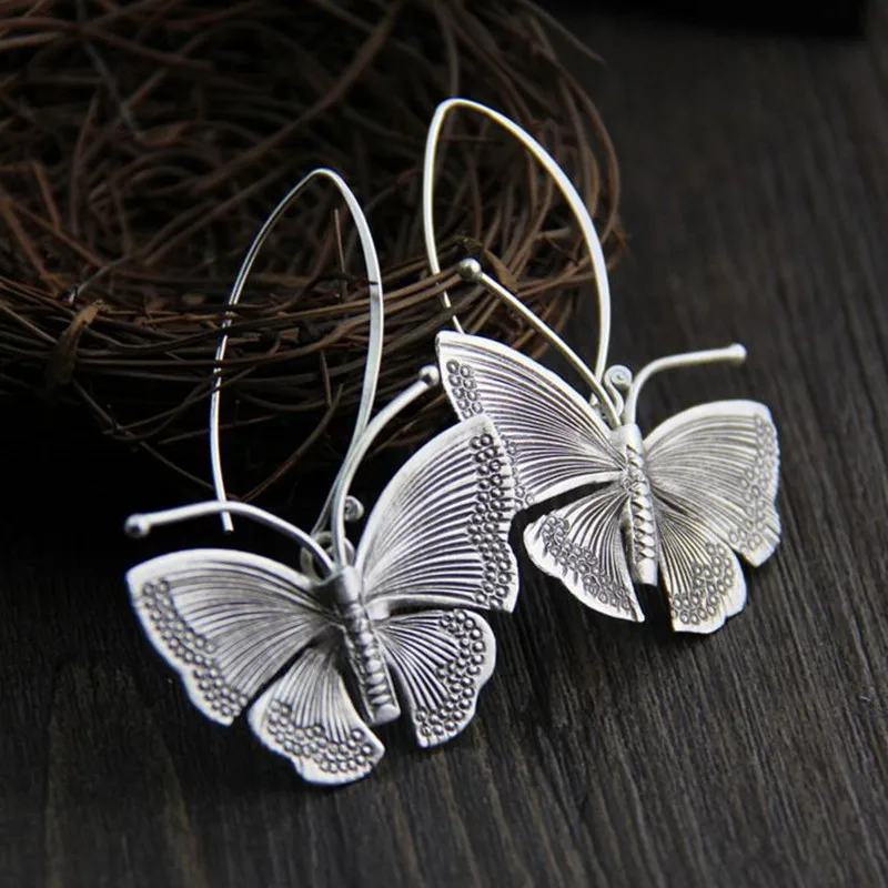 

Vintage Lady Metal Butterfly Drop Earrings Fashion Simple Antique Silver Color Long Dangle Earrings