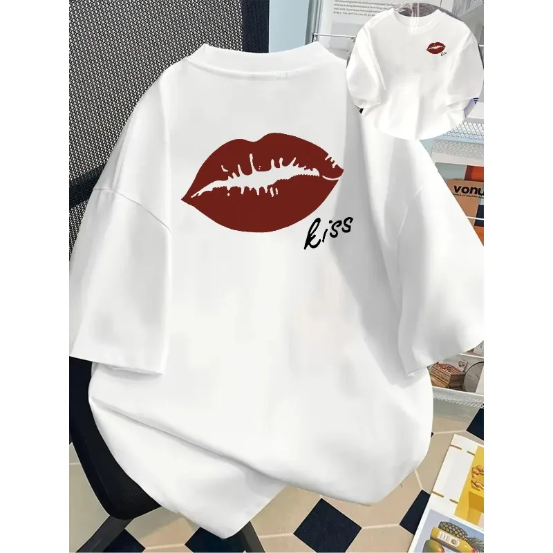 

Front and Back Printed Short-Sleeve T-Shirt with Kissing Lips Design Women's Spring/Summer Fashion Printed Crew Neck T-Shirt