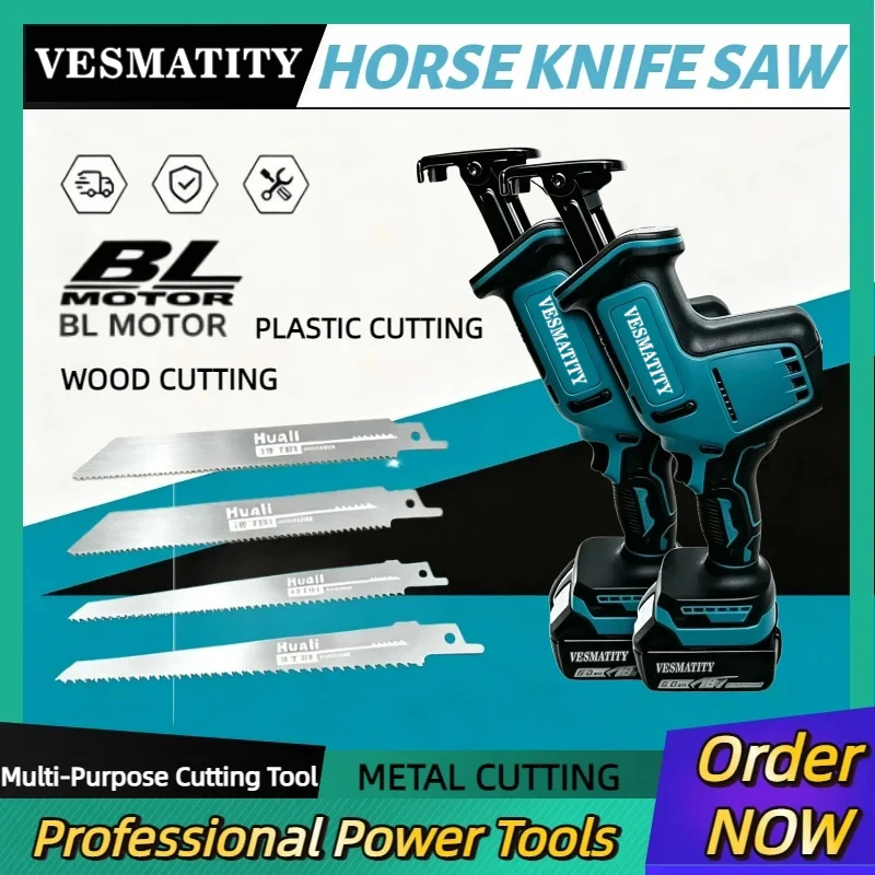 Cordless Brushless Reciprocating Saw, Speed Adjustable 3000 SPM 32mm Stroke for Metal Wood Cutting Power Tool for Makita battery