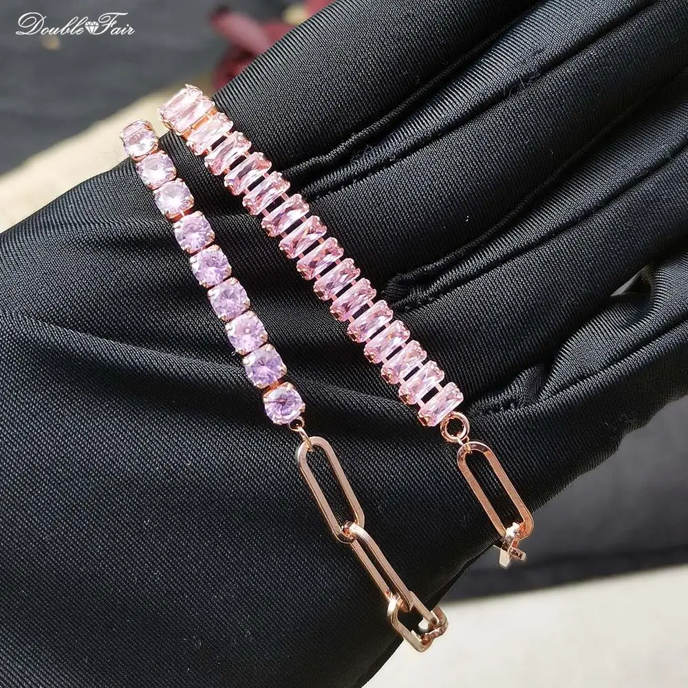 Romantic Pink Crystal Tennis Bracelets for Female Women Trend Shiny Zirconia Adjustable Folding Buckle Chain on Hand Jewelry