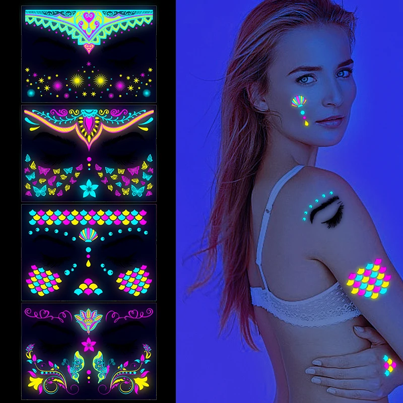 8Pcs/set Fluorescence Temporary Tattoo Sticker Glowing Face Stickers Cosplay Party Music Festival Adult Body Stickers