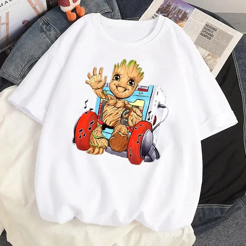 Summer Fun Disney Marvel Avengers Groot Printed Shirt Fashion Women's Casual Cotton T-shirt Women's Street Wear T-shirt