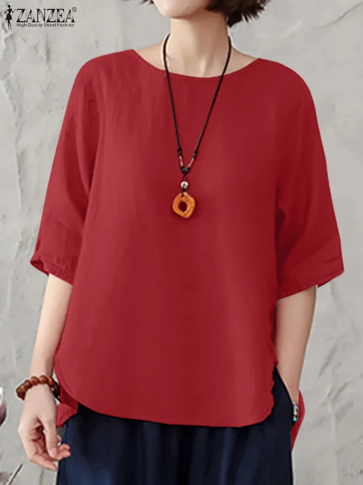 

ZANZEA Women O Neck 3/4 Sleeve Blouse Summer Shirt Vintage Solid Work Party Tops Tunic Female Casual Loose Holiday Blusas Mujer