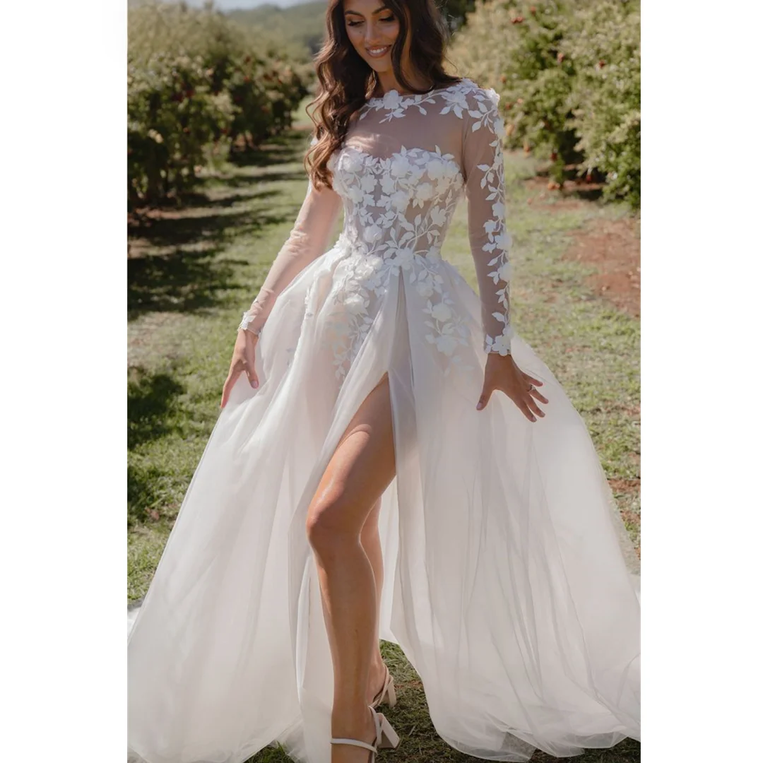 Lace Appliques Boho Wedding Dresses Long Sleeves A-line High Side Slit Beach Brdial Formal Party Dresses Customized 2025