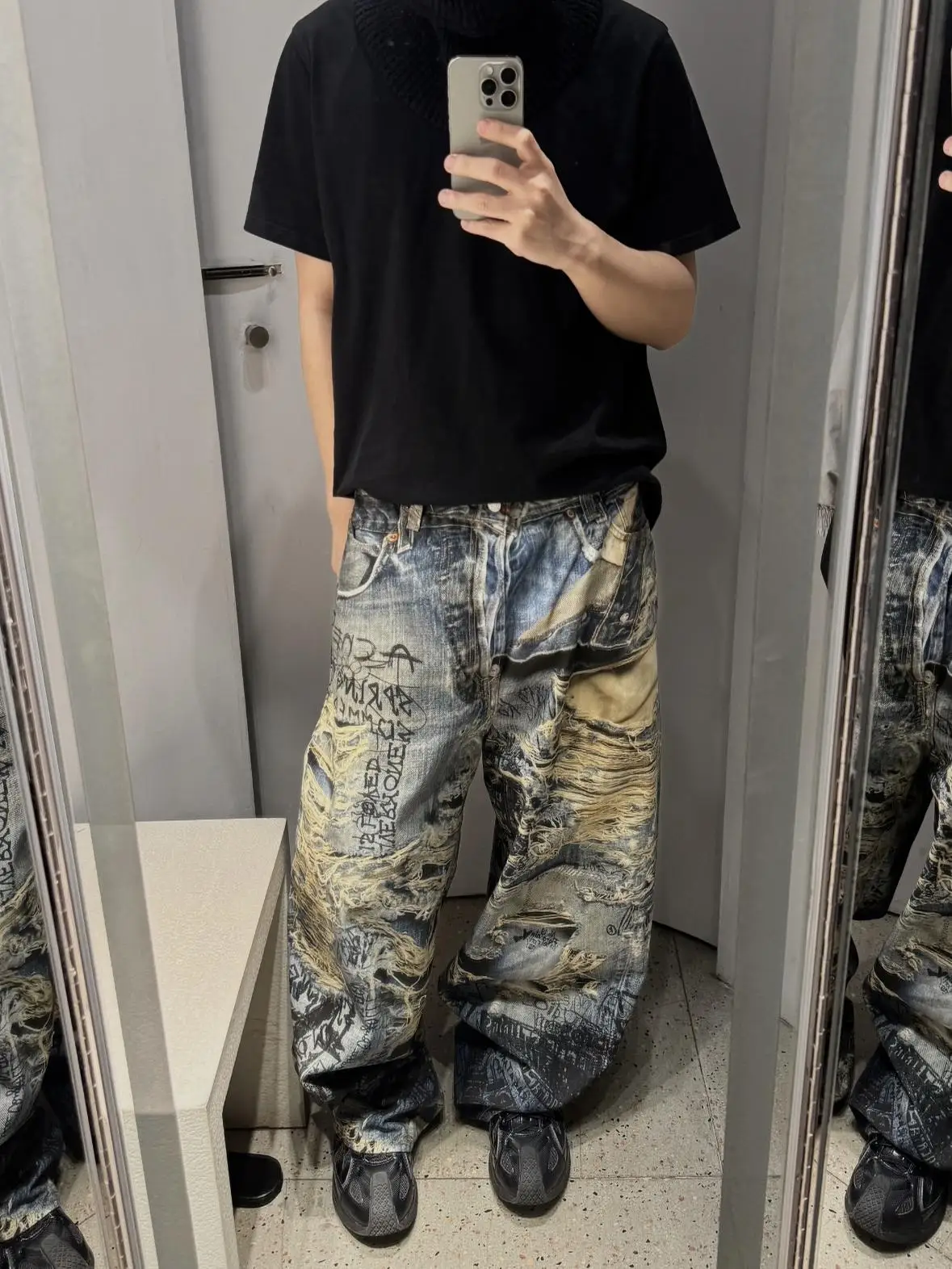 

Retro American AC Sle 3D Print Ripped Hand Dn fiti Jeans Men's Women's Loose Straight Leg Jeans Youth Faion