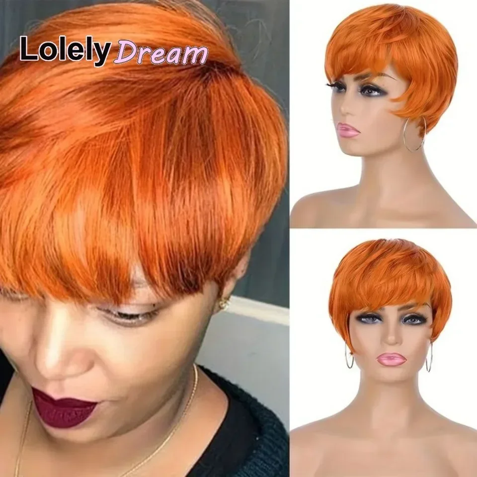 

Парик Lolely Dream Orange Ginger Pixie Bob | Человеческие волосы Remy, многослойные с челкой для женщин, машинное производство