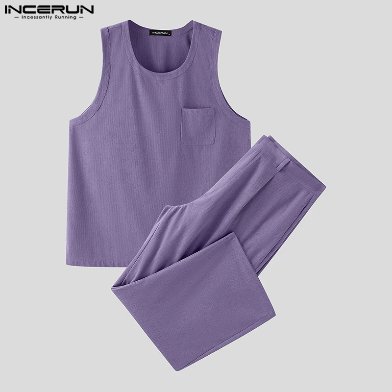 

INCERUN Мужские комплекты, однотонные летние майки без рукавов и брюки, комплекты из двух предметов, уличная одежда, 2025 г., свободные модные мужские повседневные костюмы