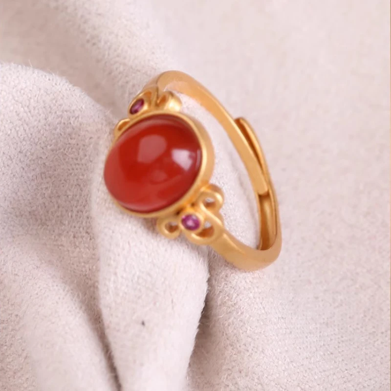 Creative Design Ancient gold crafts Inlaid Natural Red carnelian oval New in rings for women Simple Opening Retro Jewelry