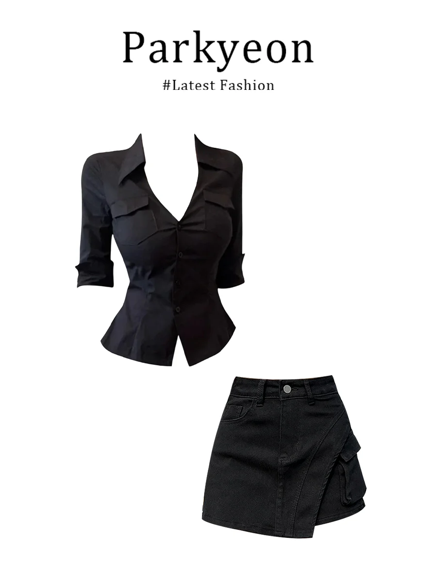 

Parkyeon Summer Pure Desire Lady Style V-Neck Mid-Sleeve Waist-Cinched Shirt Top High Waist Denim Shorts Women's Set Casual Wear