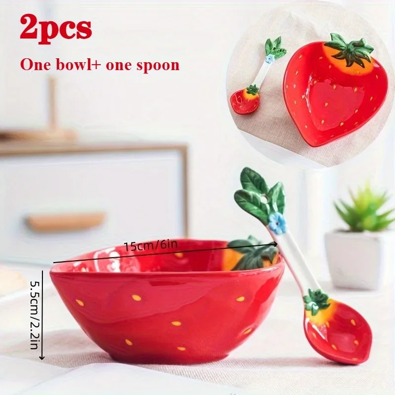 Strawberry-Shaped Ceramic Salad Bowls with Spoon Elegant Funny Gift Durable Easy to Clean for Soup Cereal Nut Ice Cream Pasta