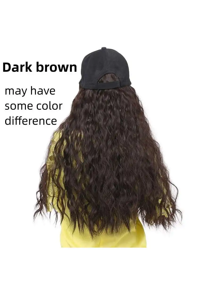 Wig Dark Brown Baseball Cap with Synthetic Natural Wavy Hai Attached Women Adjustable Hats Long Wavy