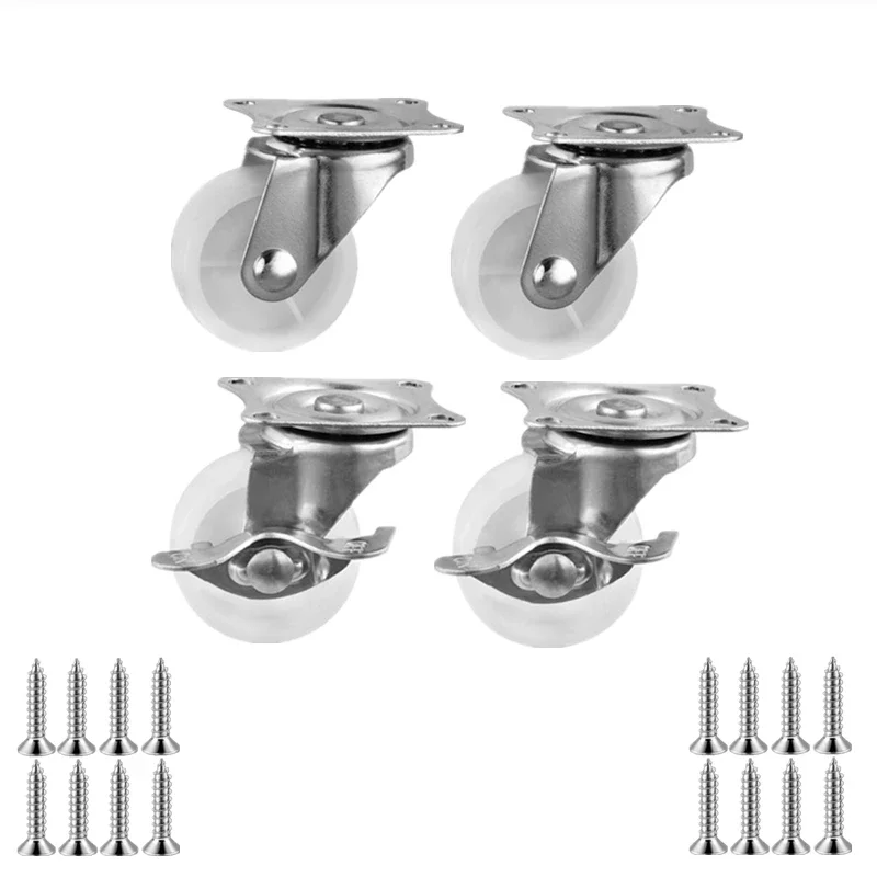 4 Pcs 1/1.25/1.5/2/2.5/3 Inch Light White PP Casters Flat Universal Wheels with Brake Pulley Shelf  Small Push Furniture