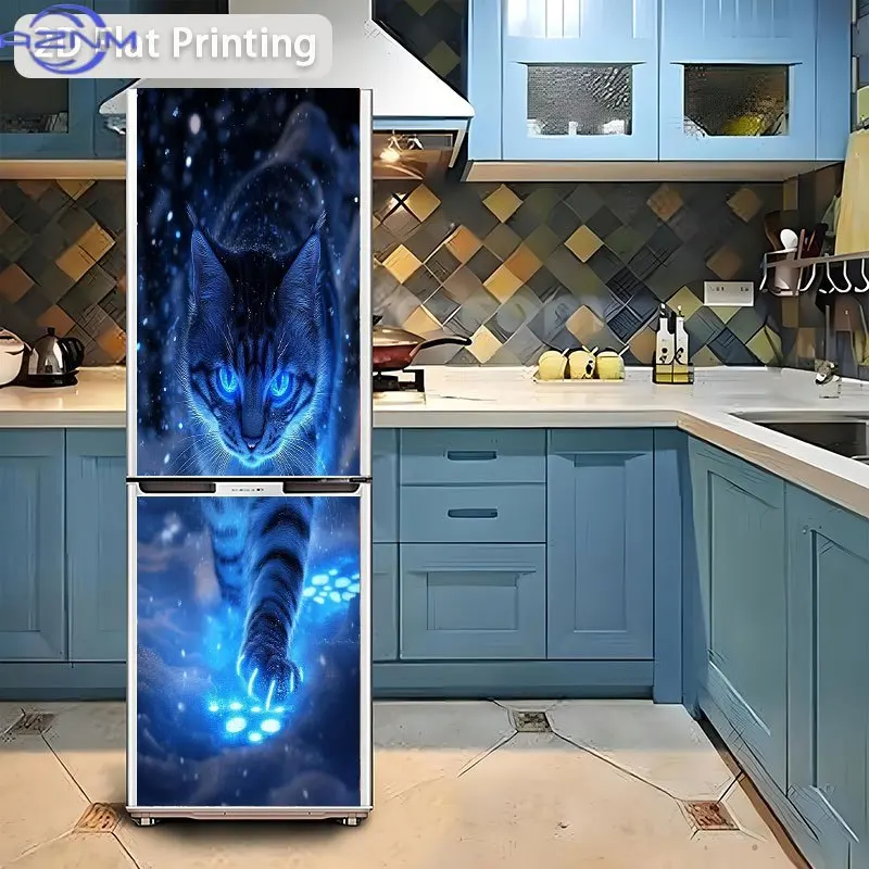 1pc of 2D Flat Design Refrigerator Sticker, 60×180 Cm, Featuring a Ghostly Snowy Night Spirit Cat, Self-Adhesive Wall Decorati