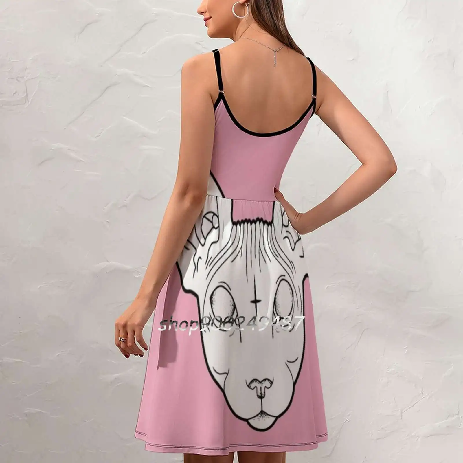 Sphynx Cat Sling Dress Women Summer Printing Condole Belt Dresses Sphnx Cat Cat Sphnx Pink Cute Evil Horror Dotwork White