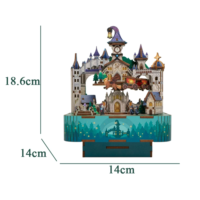 DIY 3D Wooden Magic Castle Music Box Miniature Model Kits Jigsaw Puzzles Train Can Move for Children Birthday Gifts Home Decor