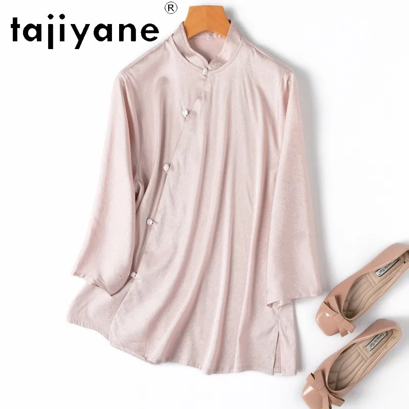 

TAJIYANE 93% Real Mulberry Silk Blouse Chinese Style Pink Shirts Woman Jacquard Satin Blouses Spring Summer Clothes топ женский