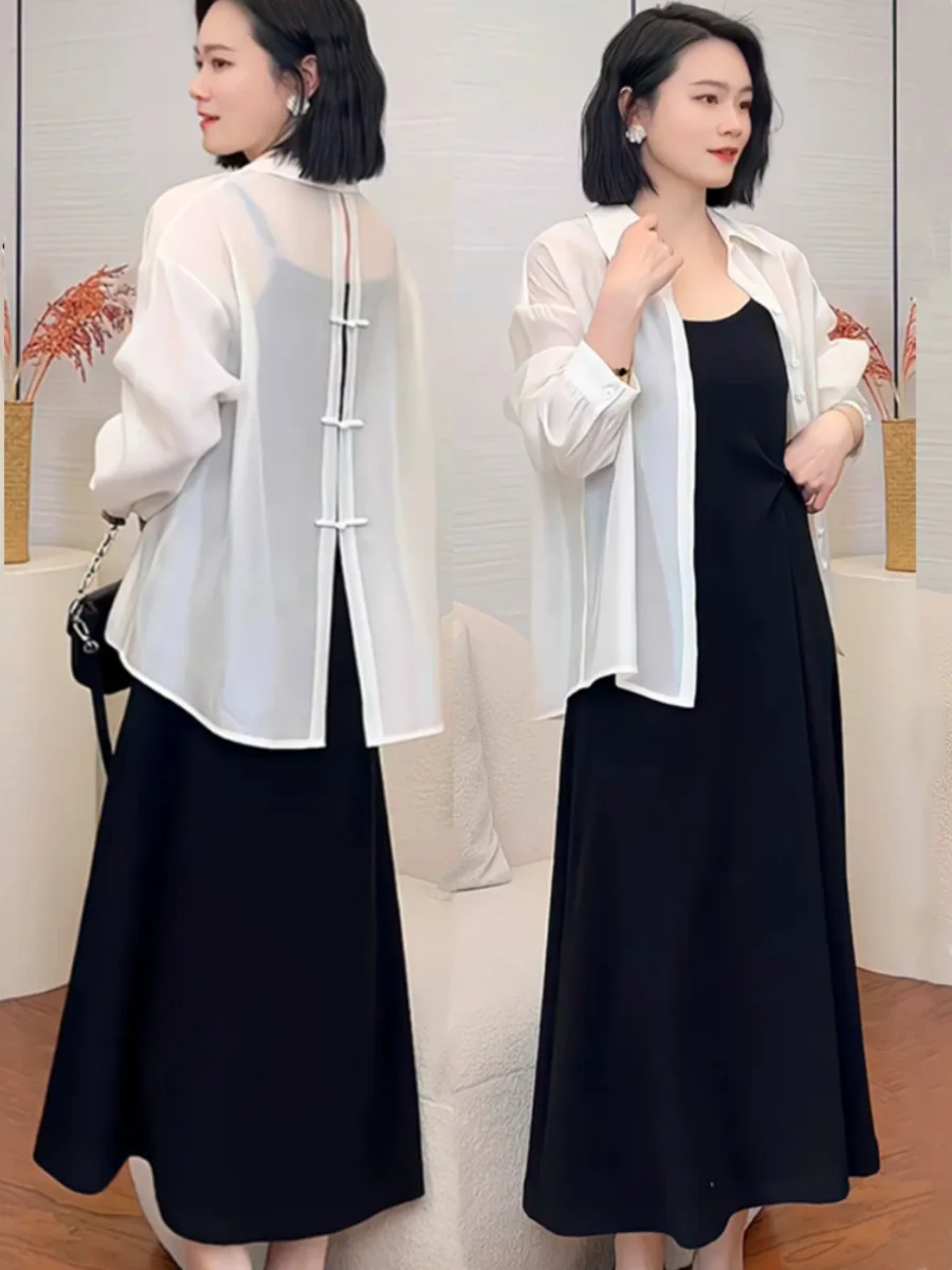 

Новый комплект из двух предметов в китайском стиле: шелковая рубашка с защитой от солнца и летнее черное платье с поясом для женщин