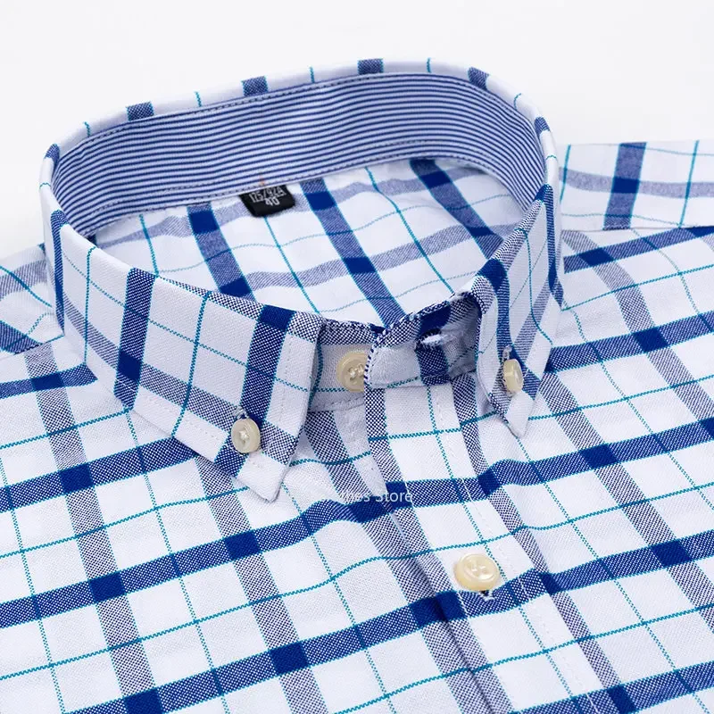 2023 100 % reine Baumwolle Herren Oxford Kurzarm Quadratischer Kragen Soild Plaid Gestreift Sommer Freizeithemden Single Pocket Shirt