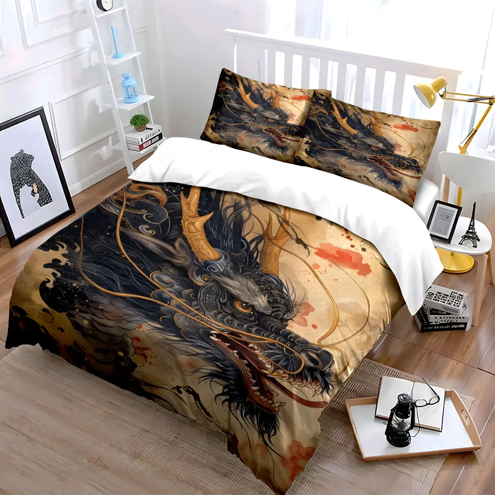 Intricately crafted oriental dragon head Print Bedding Set 1 Duvet Cover 2 Pillowcases for Adult Children Luxury Gift Full Size