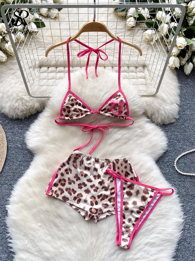 SINGREINY Holiday Beach Styles Leopard Sets Halter Mini Camis+Short Patns Suit 2024 Fashion Ladies Bikini Sexy 3 Pieces Suits