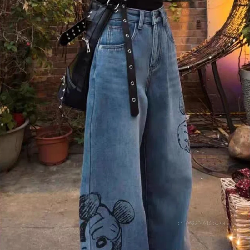 Mickey Cute Cartoon Graffiti Winter New Jeans Female Trend Thickened Straight Tube Pants Vintage Casual Loose Fit Wide Leg Jeans