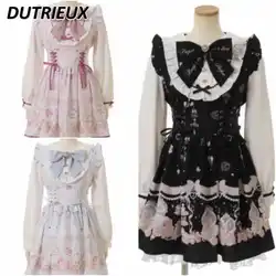 Japanese Style Lolita Dress Women Classic Hot Selling Product Cute Cartoon Rabbit Lace Up Bow Long Sleeve Dress Autumn New Dress