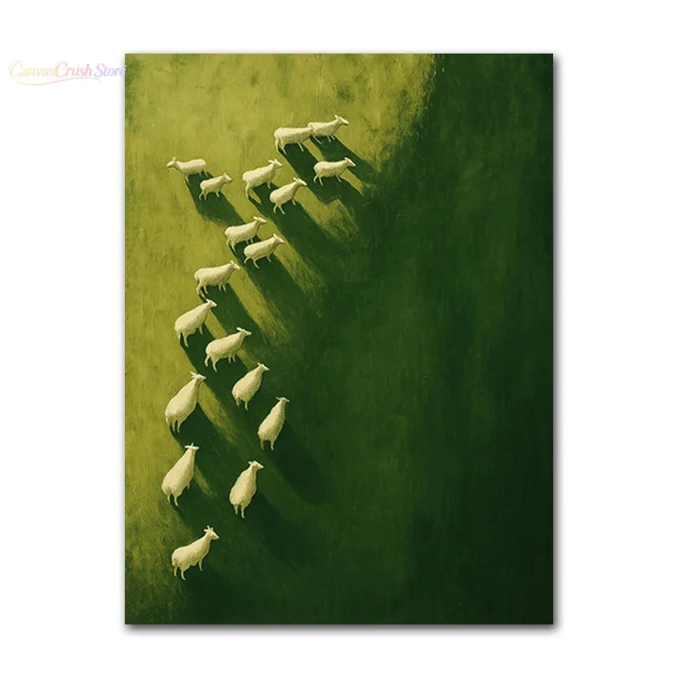 Modern Minimalist Pastoral Frameless Canvas Poster, Green Background with Sheep Herd, Wall Mural for Home Decor 2026