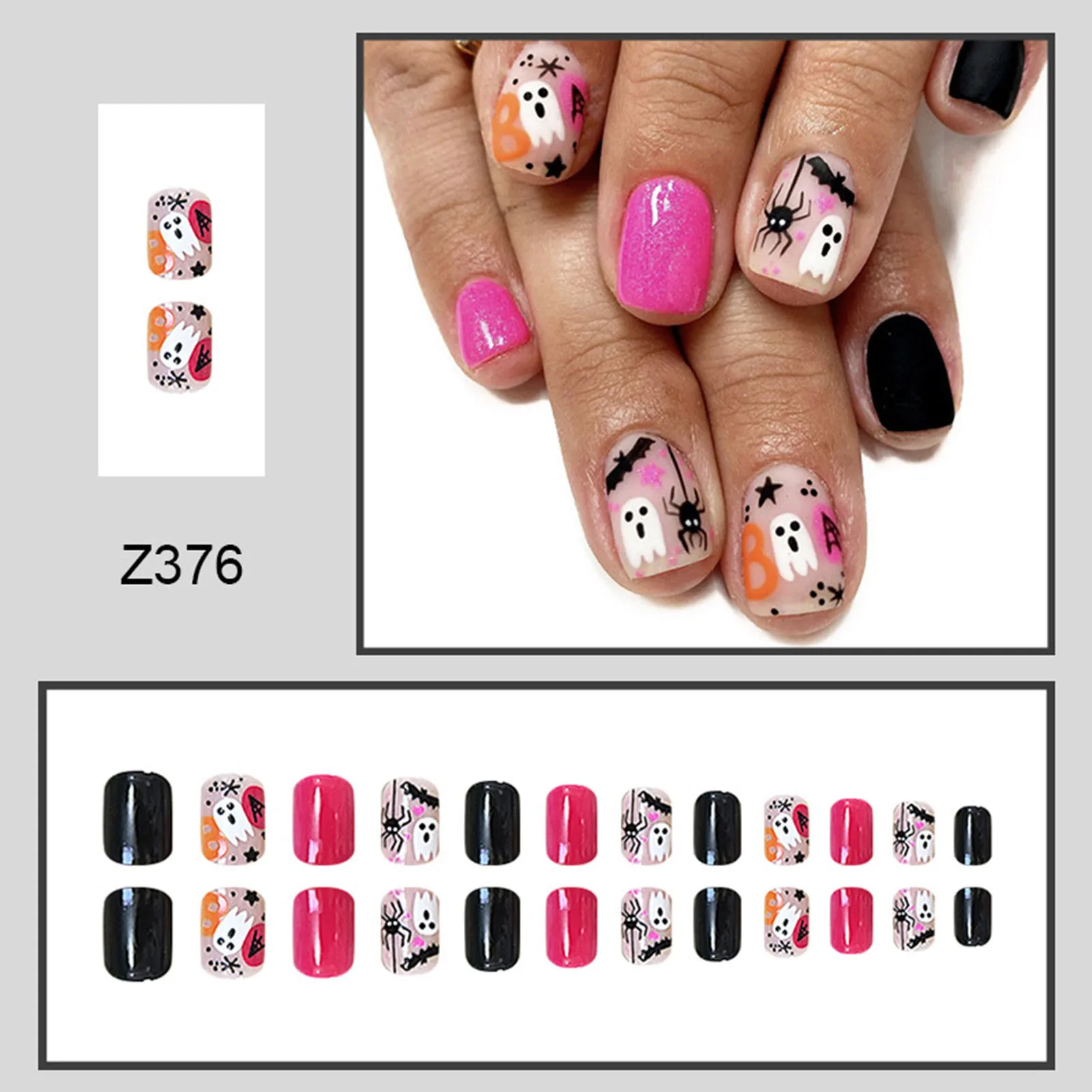 Rose Pink Black Halloween Short Press on Nails Ultra-flexible Long Lasting Fake Nails for Fingernail DIY Decoration