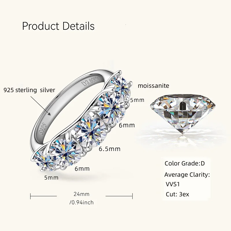 Anziw 3.60CTW All Moissanite Diamond Ring Sparking D Color 5 Stones Wedding Engagement Band For Women 925 Silver Promise Jewelry