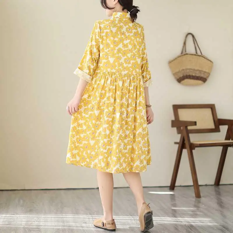 Women's Floral Dr irt Collar mid Length Casual Cotton A-Line Skirt Nine Sve Sli Comfortable Fit for Various Ocns