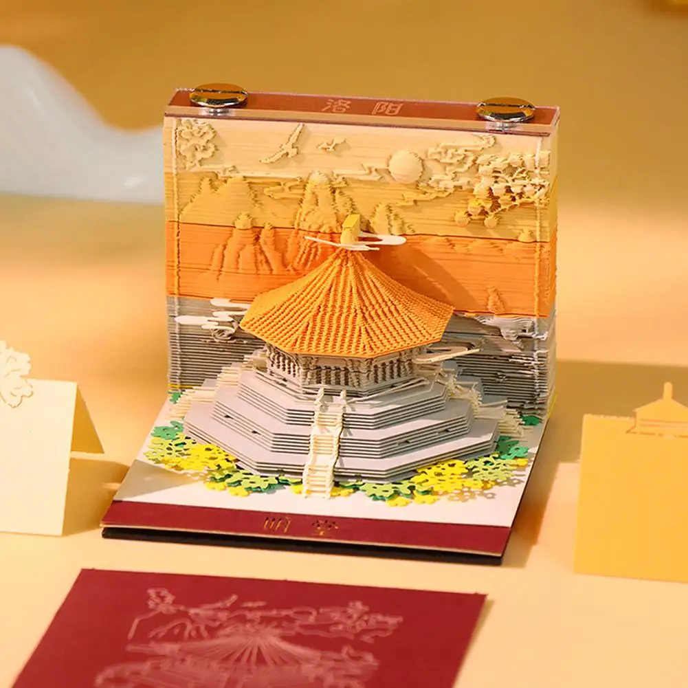 

3D Memo Pad Ancient Architecture Paper Carving Art Holder With Notepad 3D DIY Sticky Pen Non-stick Paper Note Notes U4S9