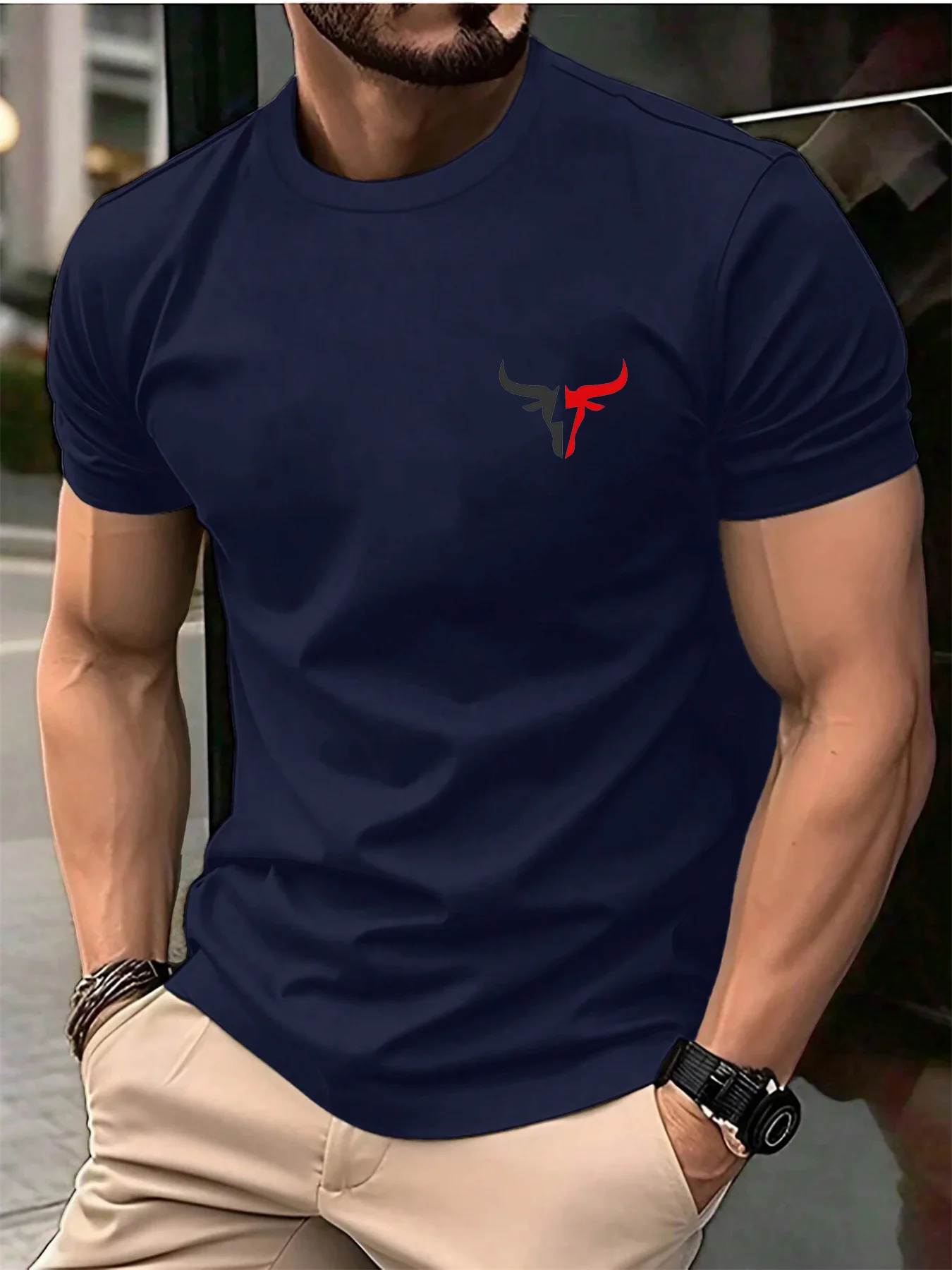 Summer Men's Casual Loose Plus Size Bull Pattern Printed Sports Comfortable Round Neck Short-Sleeved T-Shirt Top