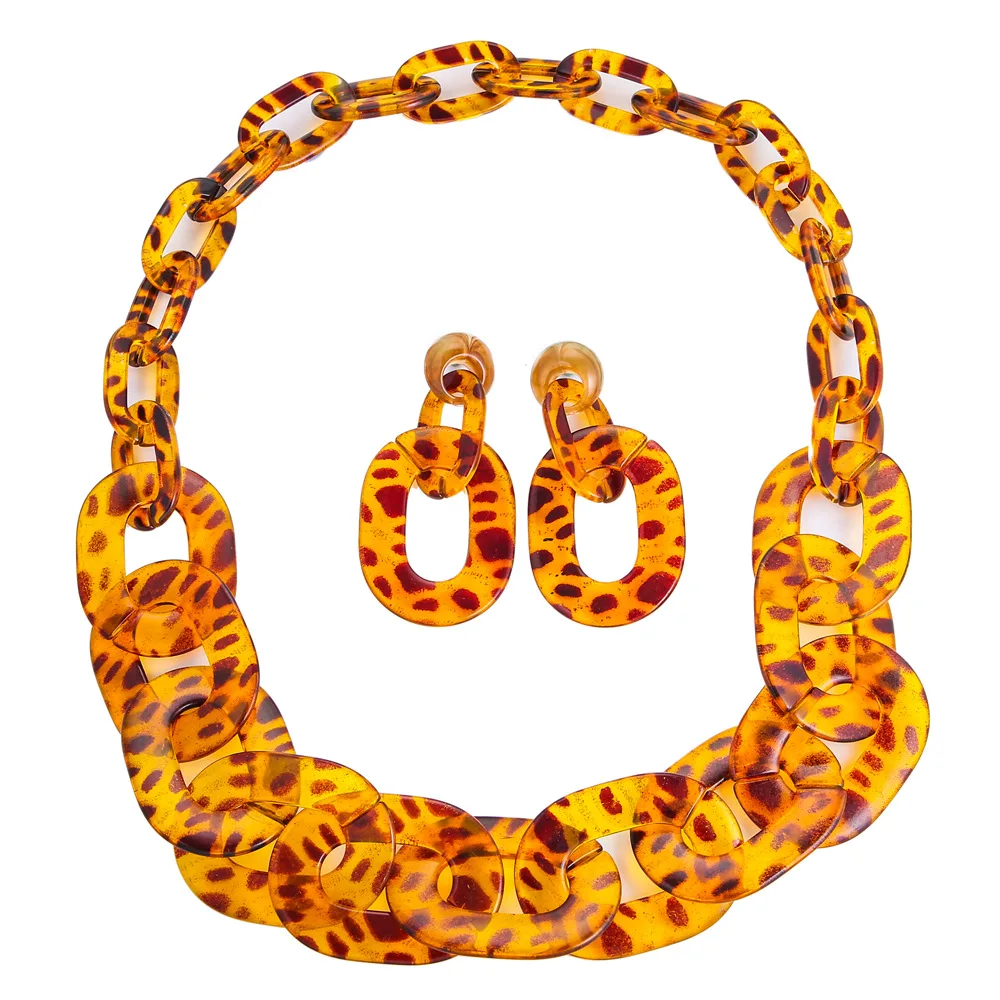 

Leopard print resin necklace set acetate plate earrings wish cross-border jewelry supply jewelry suit