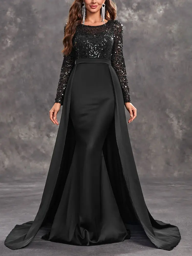 Dubai árabe preto mancha sereia mãe da noiva vestido longo sheer neck mangas compridas elegantes vestidos de noite baile de formatura dre