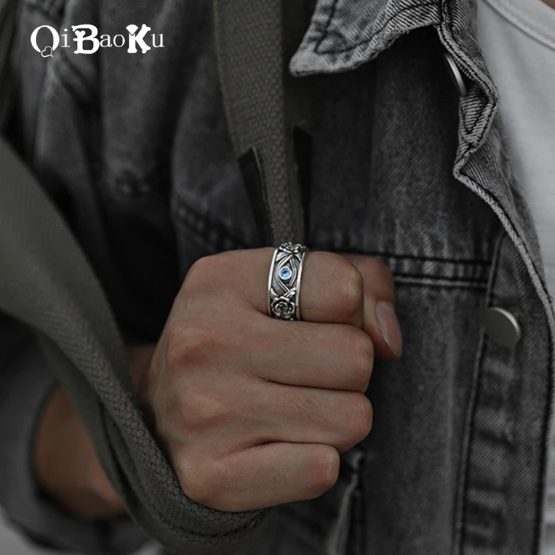 

Vintage Ring for Men Silver Punk Blue Horus Eye Rose Gothic Adjustable Ring Neutral Jewelry Accessories Couple Gift 925
