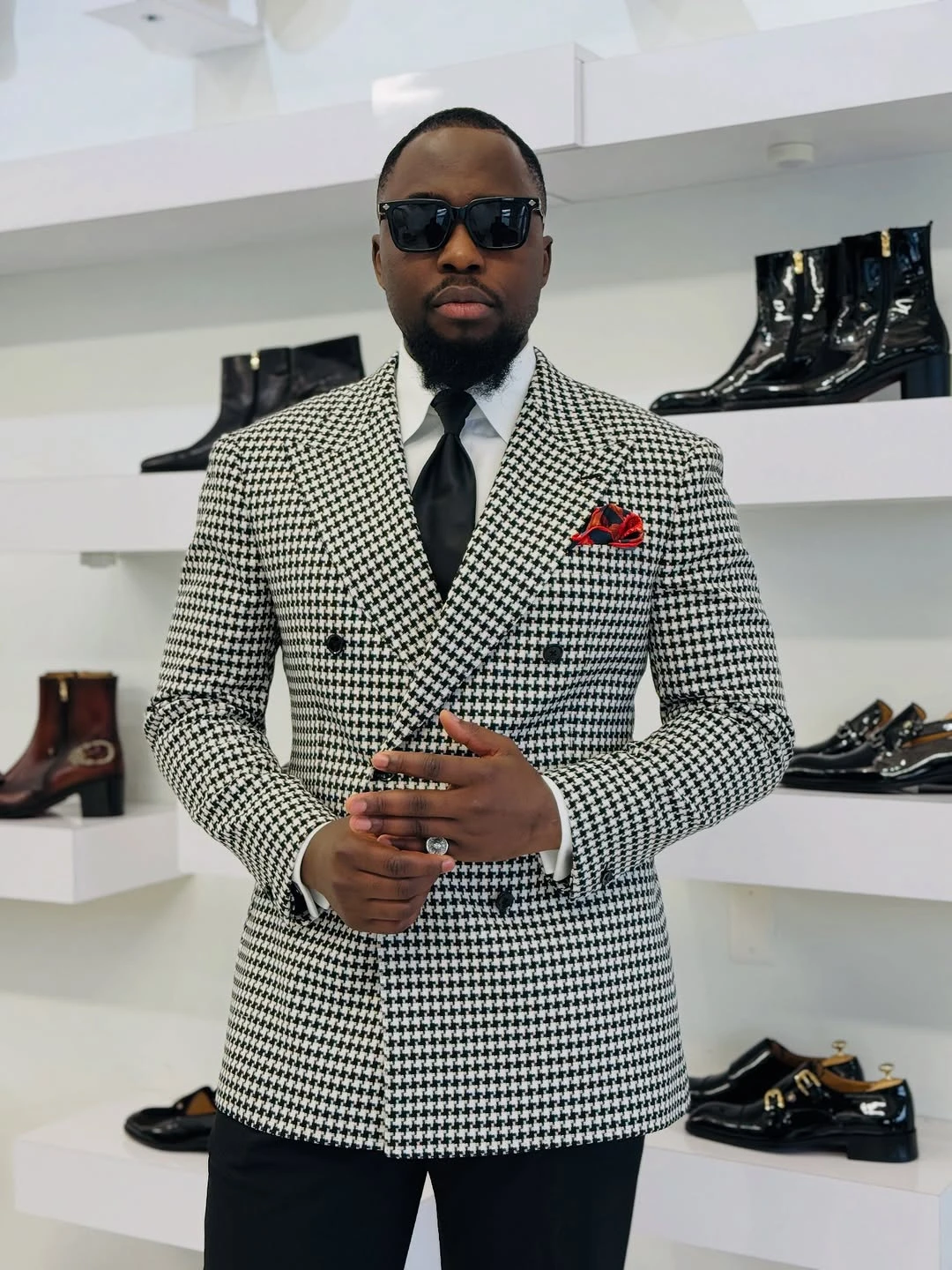 الشتاء Houndstooth و بدل زفاف للعريس بلغت ذروتها التلبيب مزدوجة الصدر البدلات الرسمية 2 قطعة سترة السراويل مساء مخصص #3
