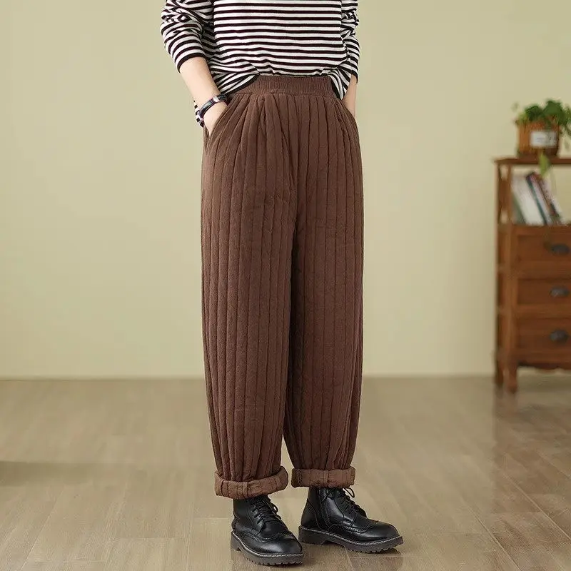 Retro Stripe Versatile Quilted Casual Pants Cotton Linen Thickened Warm Women\'s Literature Large Size Solid Color Trosures Z3570