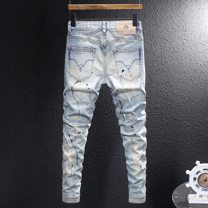Y2Kfashion new jeans scratch washed nostalgic stretch slim fit pleated painted blue jeans high street embroidered pants ho