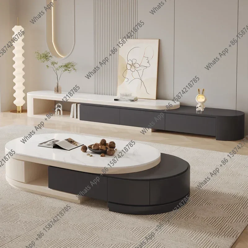 Hh Nordic Modern Simple Home Small Apartment Oval Coffee Table Luxury Cream Style Retractable Stone Plate Coffee Table TV Cabine